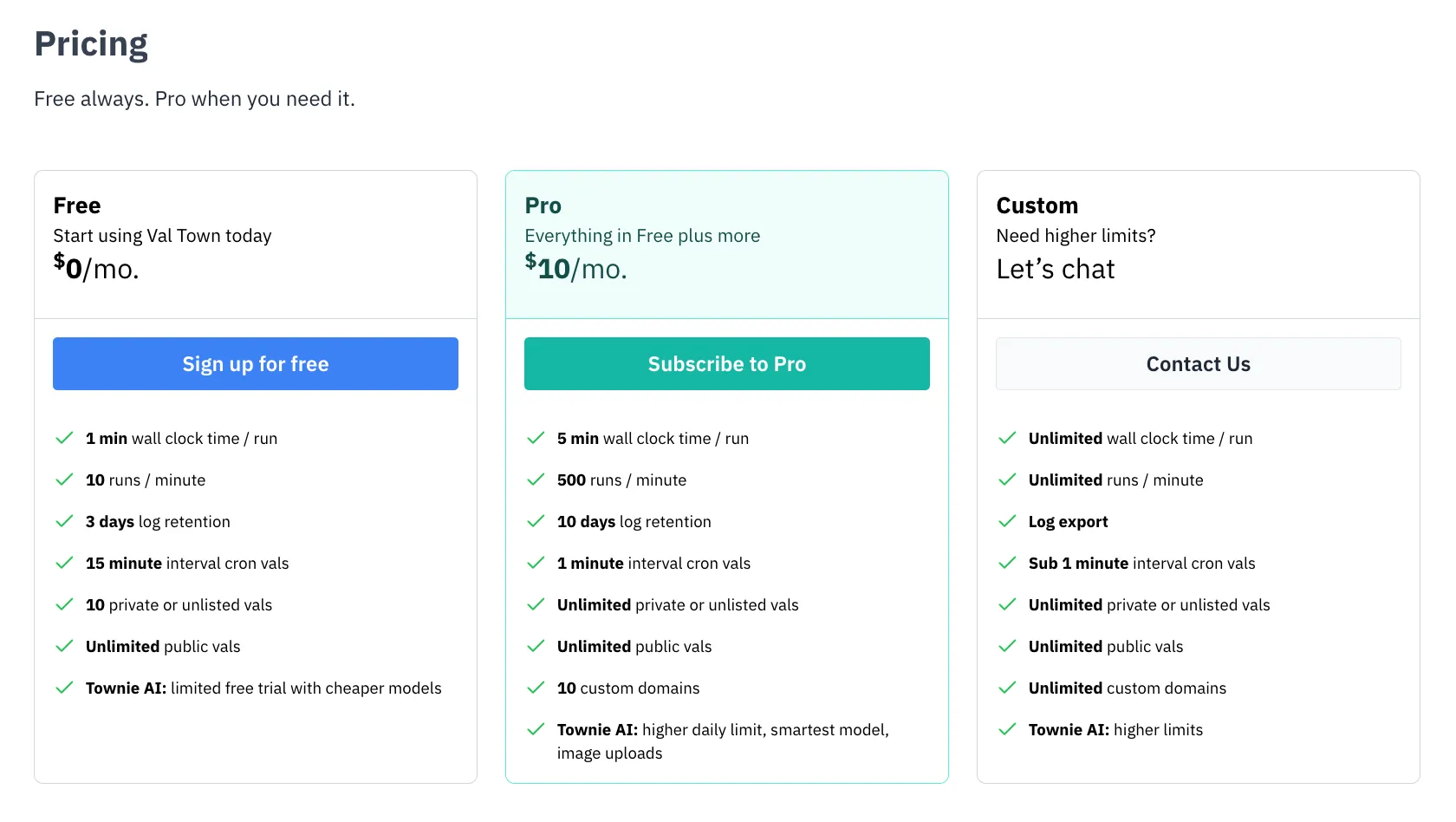 Val Town Pricing Page at val.town/pricing