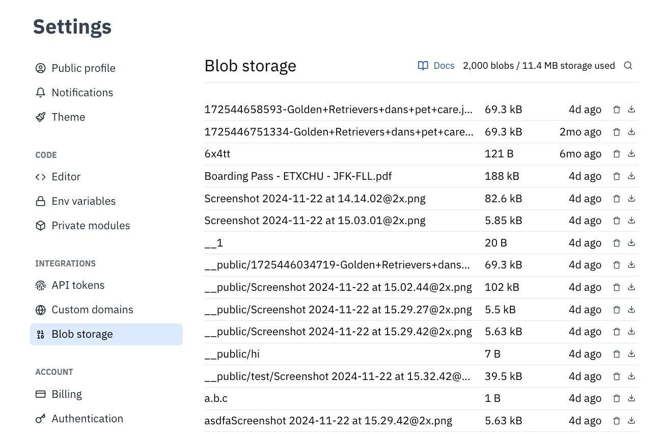 Blob storage in your Val Town Settings