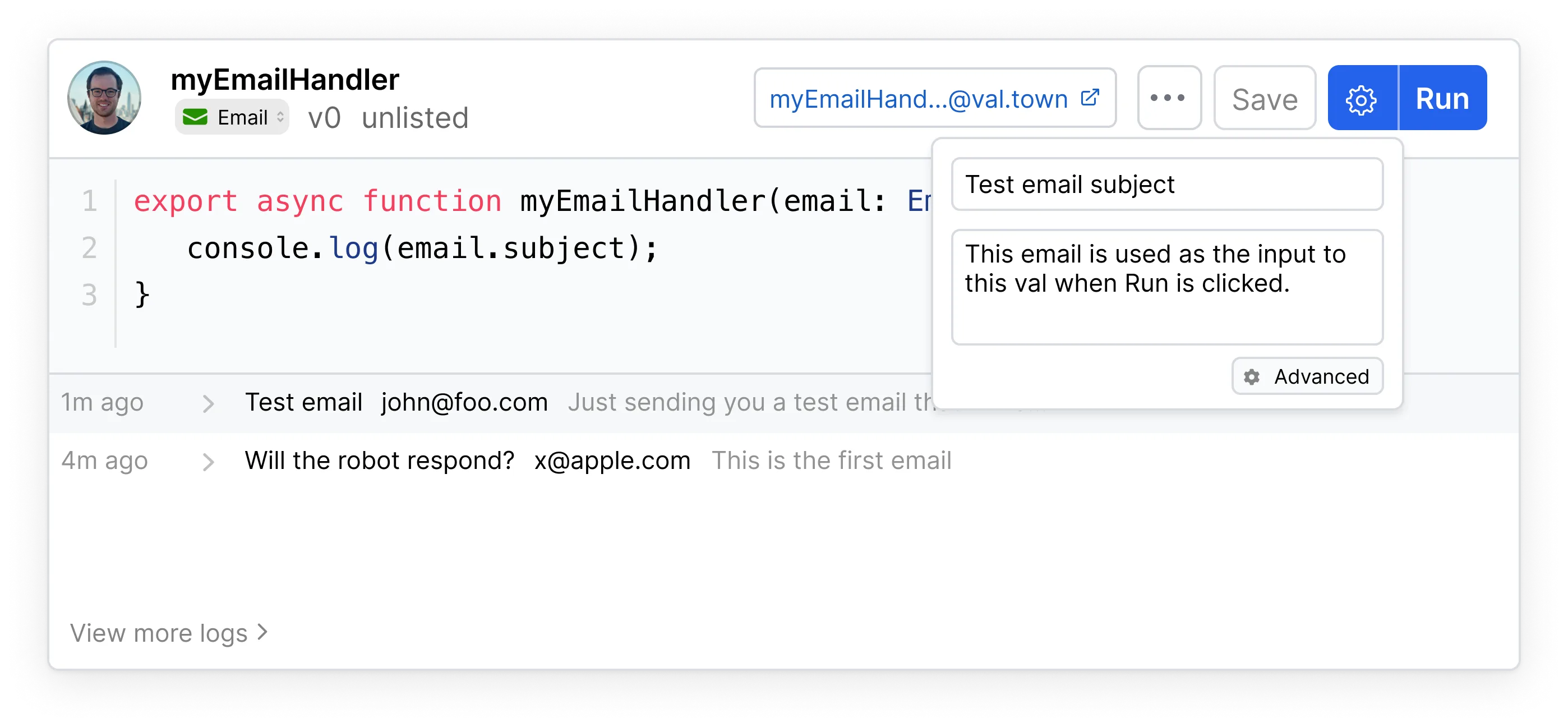 Email handler showing email configuration