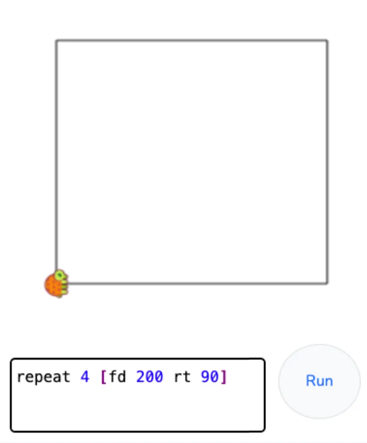 LOGO turtle drawing a square with the code `repeat 4[fd 10 rt 90]`