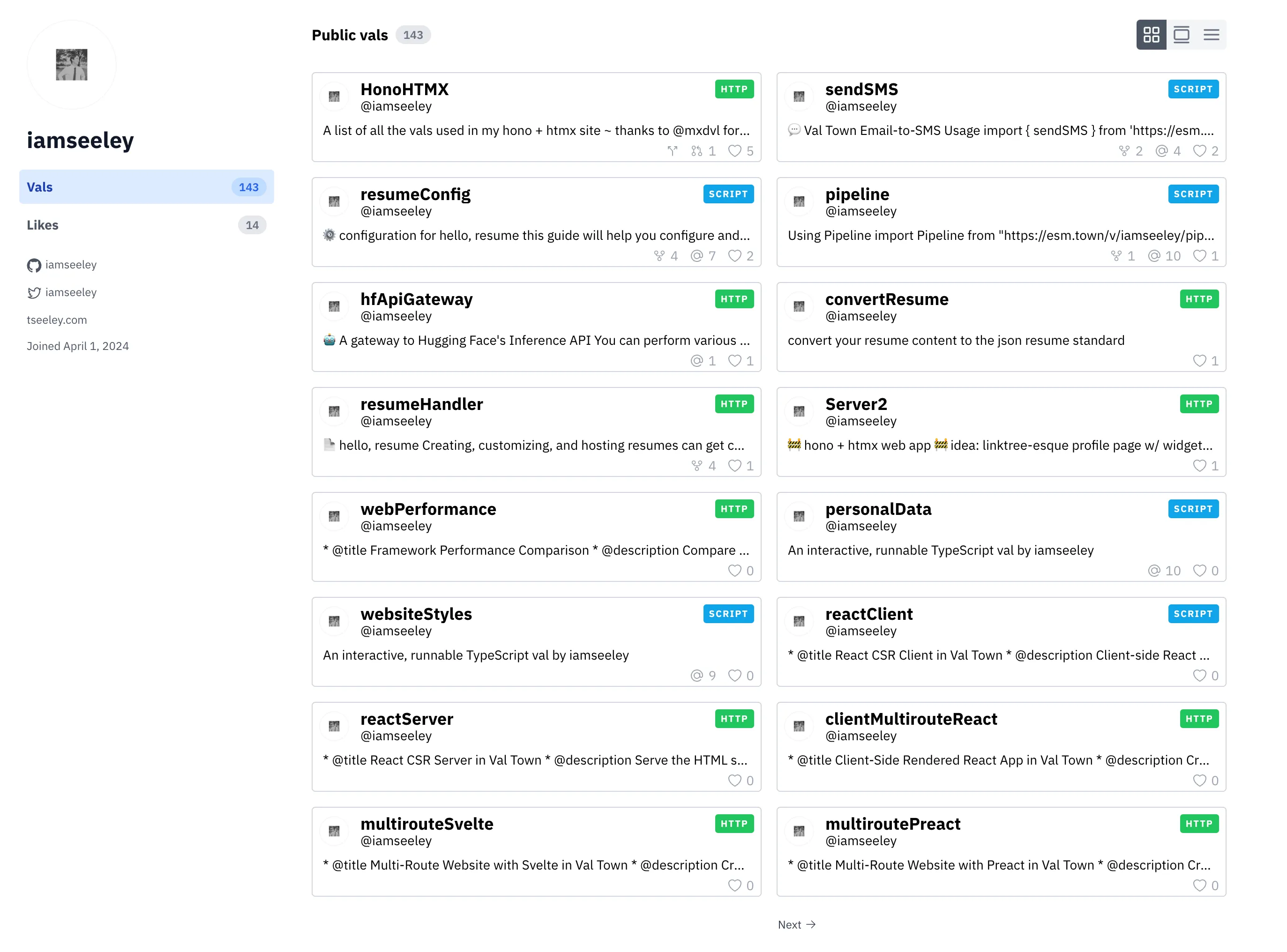 Screenshot of @iamseeley's Val Town profile with 143 vals, 14 public likes, and a grid of their vals